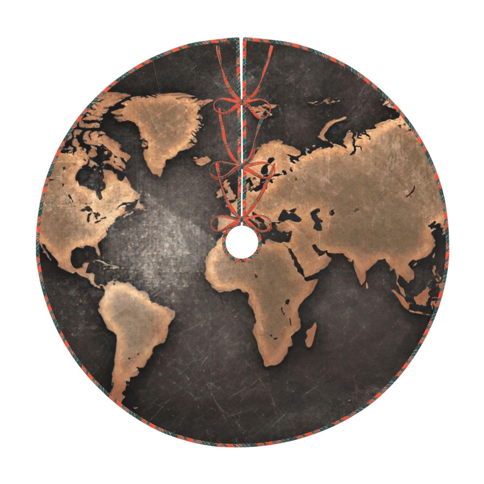 Jupe de sapin de Noël carte du monde rustique tapis de fête vintage pour salon