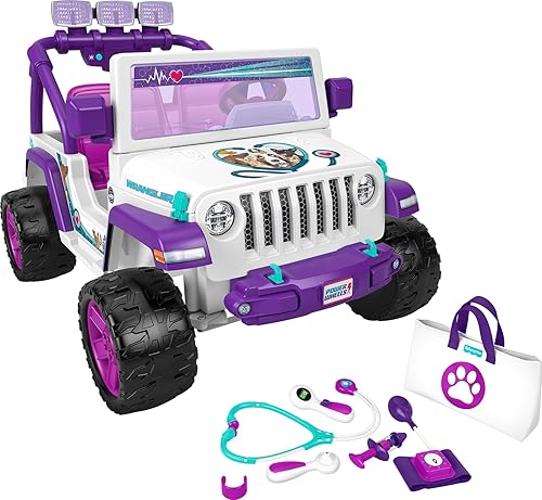 Power Wheels Juguete para montar en preescolar, Jeep Wrangler de rescate veterinario con kit médico de simulación para niños preescolares a partir