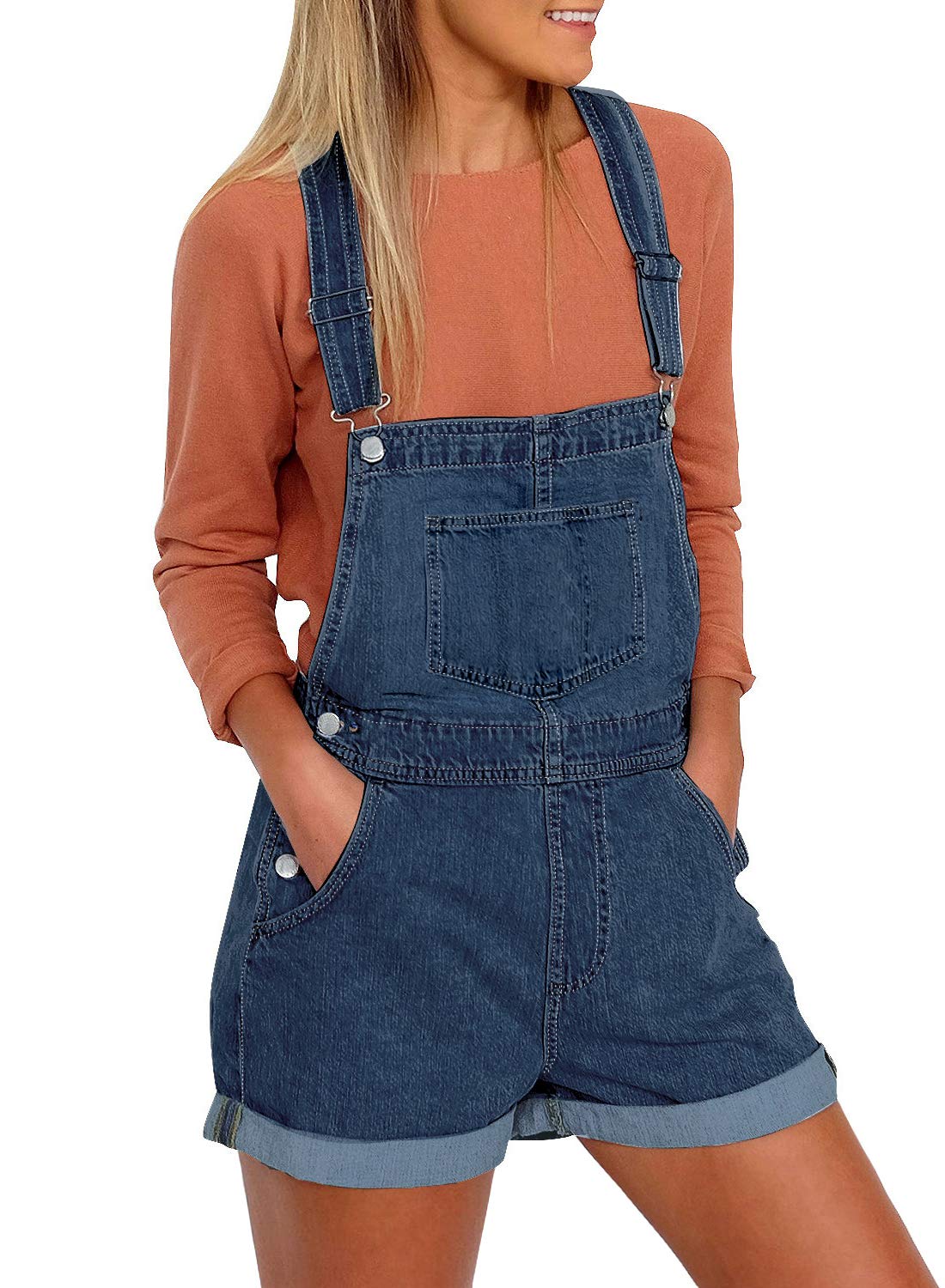 luvamia Women's Casual Adjustable Strap Cuffed Hem Denim Bib Overalls Shorts Romper