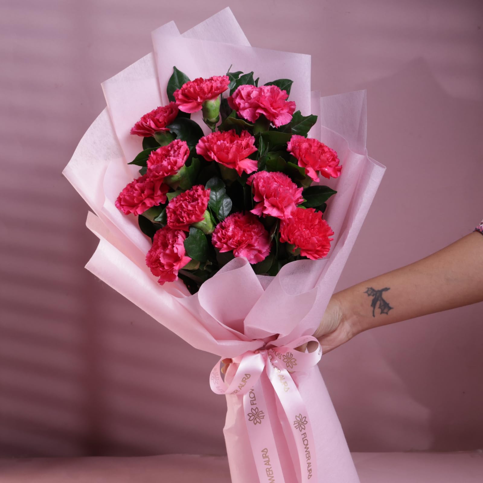 FlowerAura Fresh Live Flower Bouquet of 12 Pink Carnations In Non Wooven Paper For Birthday Gift, Anniversary Gift, Wedding Gift, Rose Day Gift, Valentine's Day Gift, New Year Gift (Same Day Delivery)-image-3