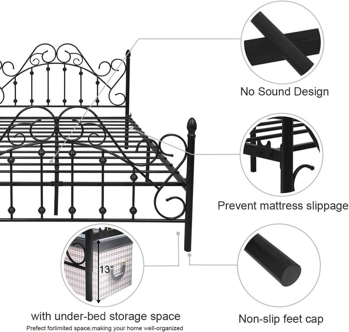 NACHTIMOOR Black Queen Platform Metal Bed Frame with Headboard and Footboard,Vintage Victorian Style Mattress Foundation, No Box Spring Required, Black,Queen.