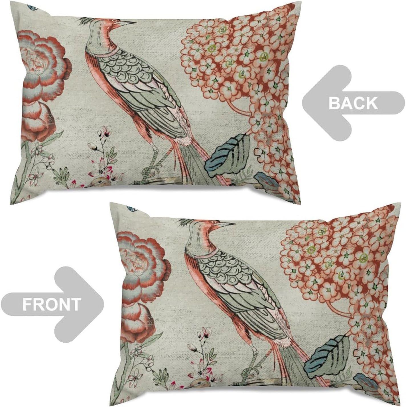 Coral Chinoiserie Bird Throw Pillow Cover Set of 2 Japanese Lumbar Pillow Cover 20x30in Decorative Pillow Home Cotton Linen Maximalist Pillow Case for Home Indoor Sofa Couch Decor