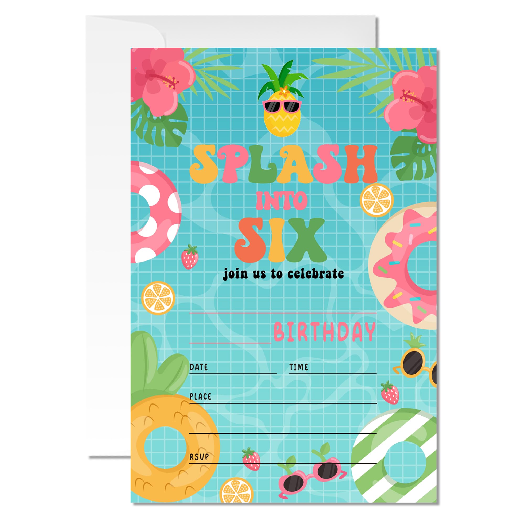 ZYQFN 20 Splash Into Six 6th Birthday Pool Party Invitations, Tropical Summer Theme Invite Cards with Envelopes, 4x6 Inch Fun Birthday Invites for
