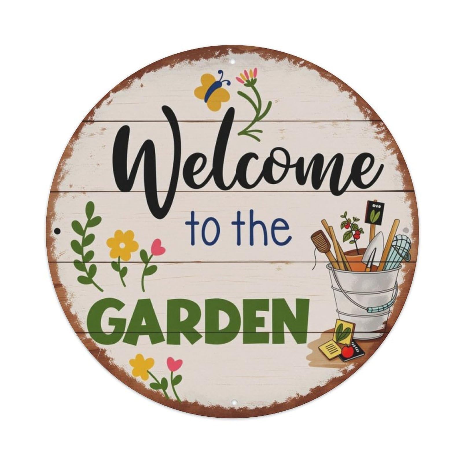 Farm Floral Garden Welcome Round Decor Sign Vintage Aluminium Metal Sign, Retro Wall Decor for Home, Bar, Garage & Farmhouse 20x20cm