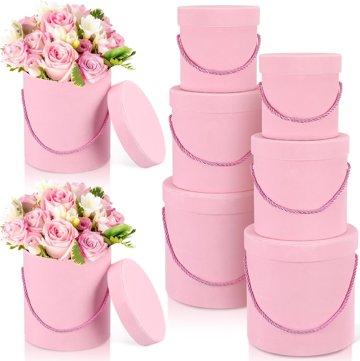 Uiifan 6 Pcs Velvet Round Flower Box with Lids Velvet Nesting Gifts Box with Handle for Mother's Day Wedding Holiday Luxury Flower Gift Arrangement Bridesmaid Birthday Party Favor(Pink)