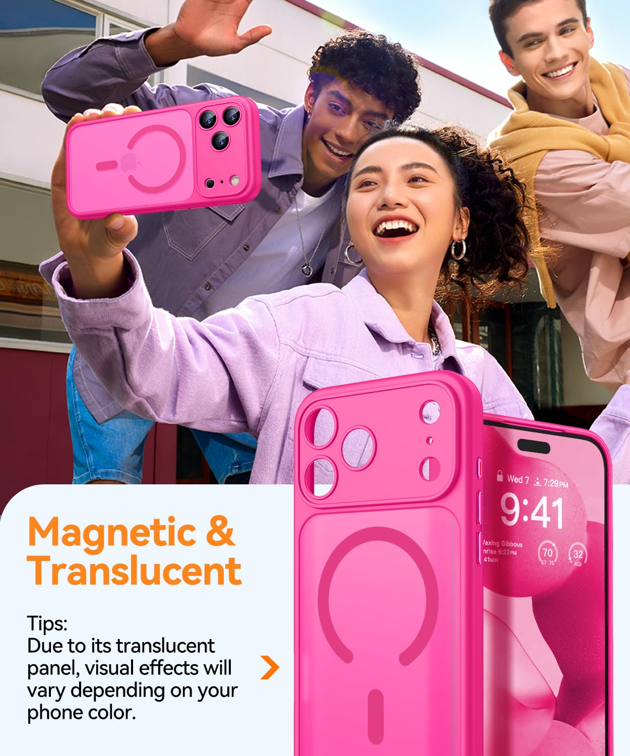 CANSHN Cover Magnetica per iPhone 17 Pro(6,3 Pollici), Compatibile con MagSafe, [Protezione Completa Della Fotocamera], Custodia Traslucida Opaca Protettiva Sottile Antiurto,Rosa Calda