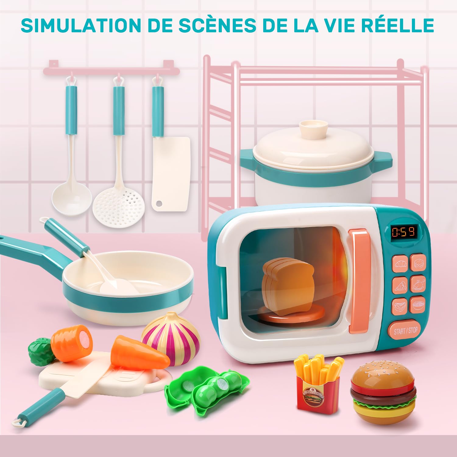 CUTE STONE Ensemble de Jouets Cuisine avec Micro-Ondes, Jeu d’Imitation pour Enfants, Four Électronique et Aliments de Jeu, Ustensiles de Cuisine, Jouets Éducatifs pour Filles et Garçons