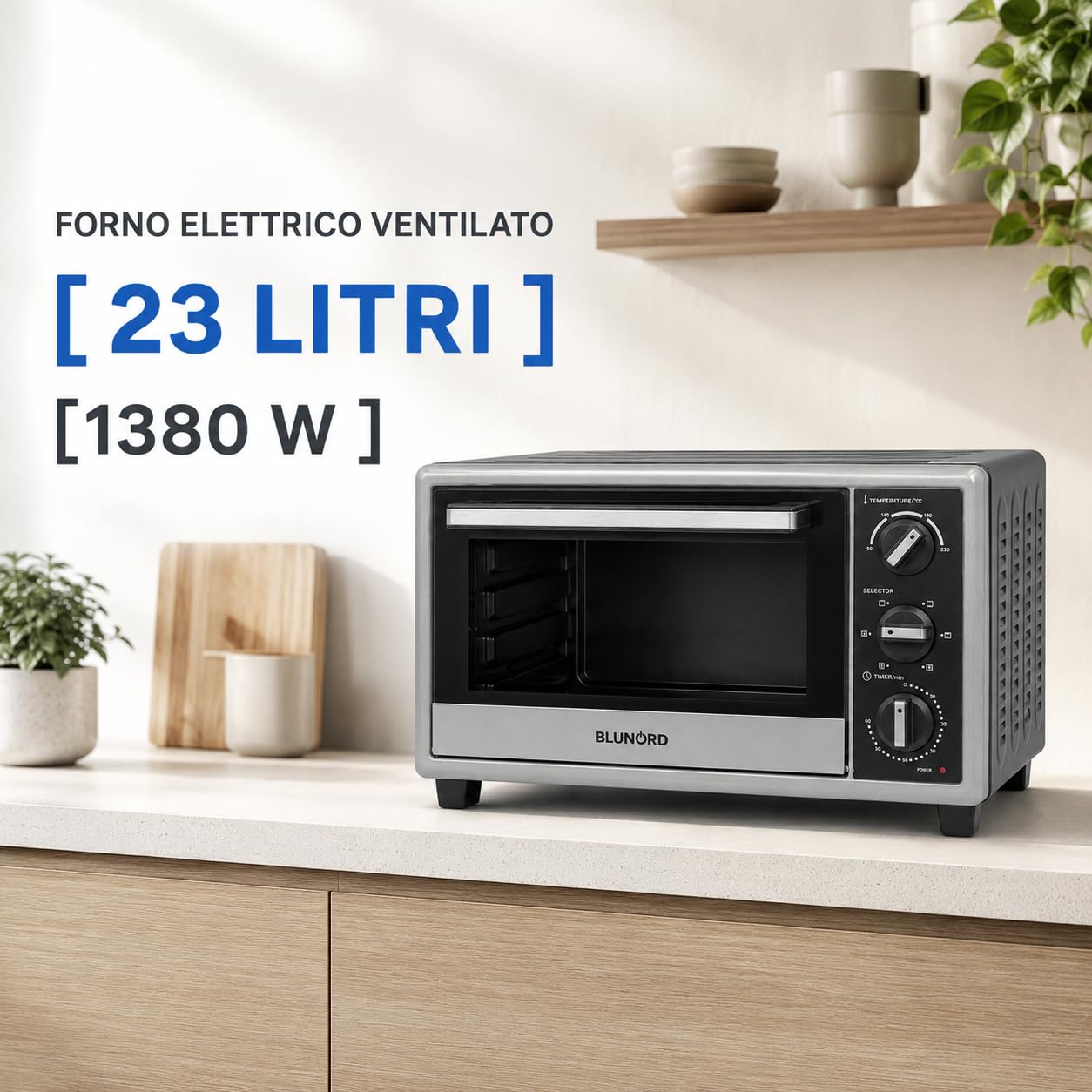 Blunord Bluf23prof Forno Elettrico Professionale 23L 1380W Ventilato Grill Timer Termostato Regolabile Easy Clean Nero Lucido