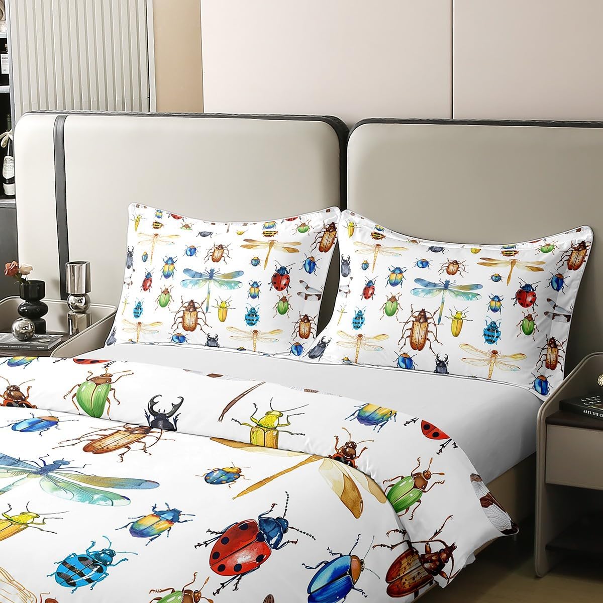 Erosebridal 100% Organic Cotton Kids Dragonfly Bedding Set, Ladybug Insect Comforter Cover Twin for Children Boys Girls Teens, Reptile Pattern Duvet Cover Colorful Bedding Dragonfly Gifts for Women