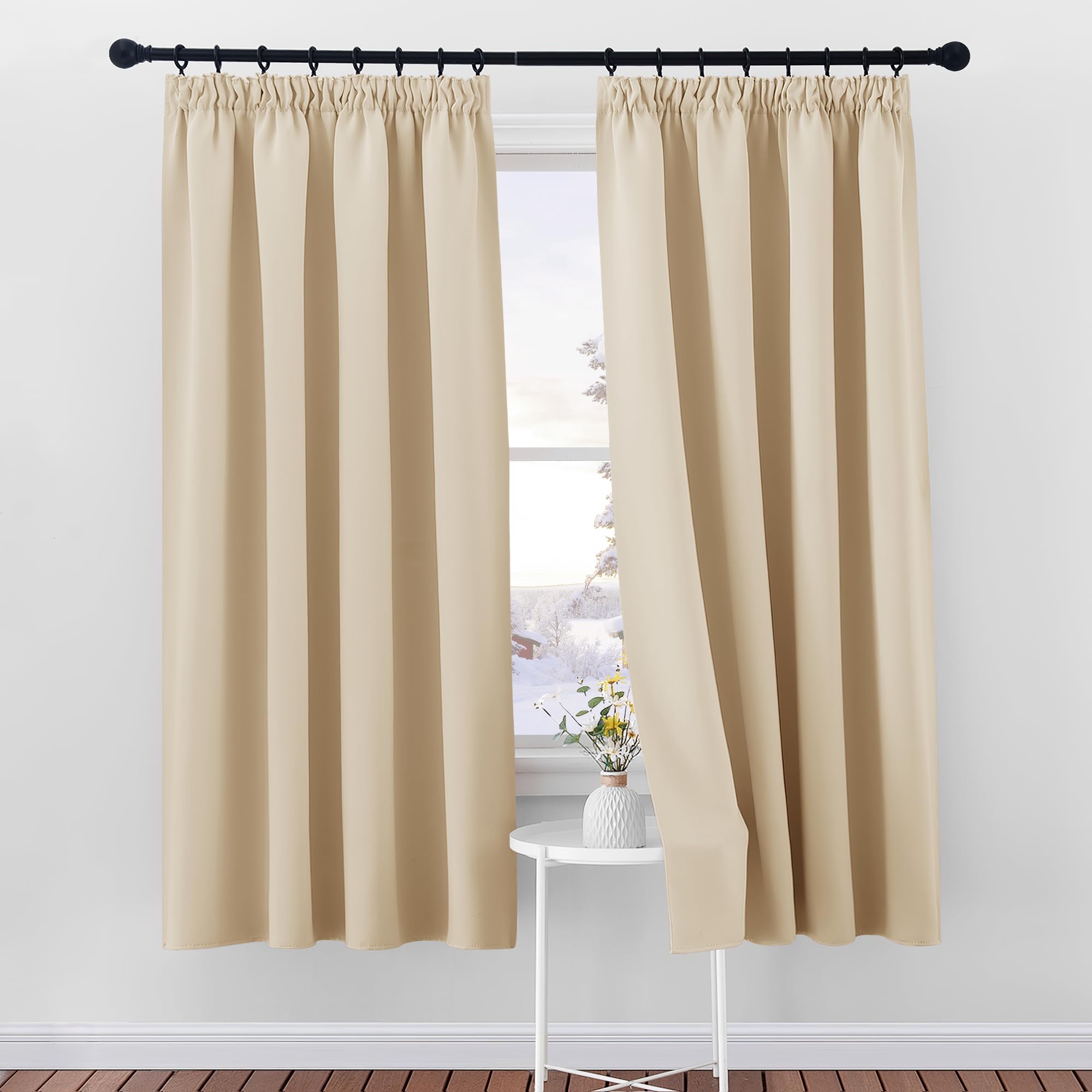 PONY DANCE Beige Curtain for Bedroom - Thermal Insulated Tape Top Curtain Panels for Room Darkening Solid Noise Reducing Drapes for Nursery, 2 Pieces, W46 X L72, Biscotti Beige