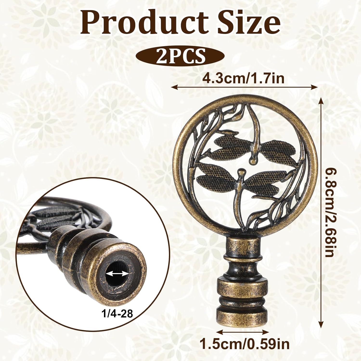 2 PCS Double Dragonflies Lamp Finials Decorative, Antique Finials for Lamps, Dragonfly Design Lamp Toppers Screw on, Brass Lamp Finial Hollowing Out for Table Floor Lamps