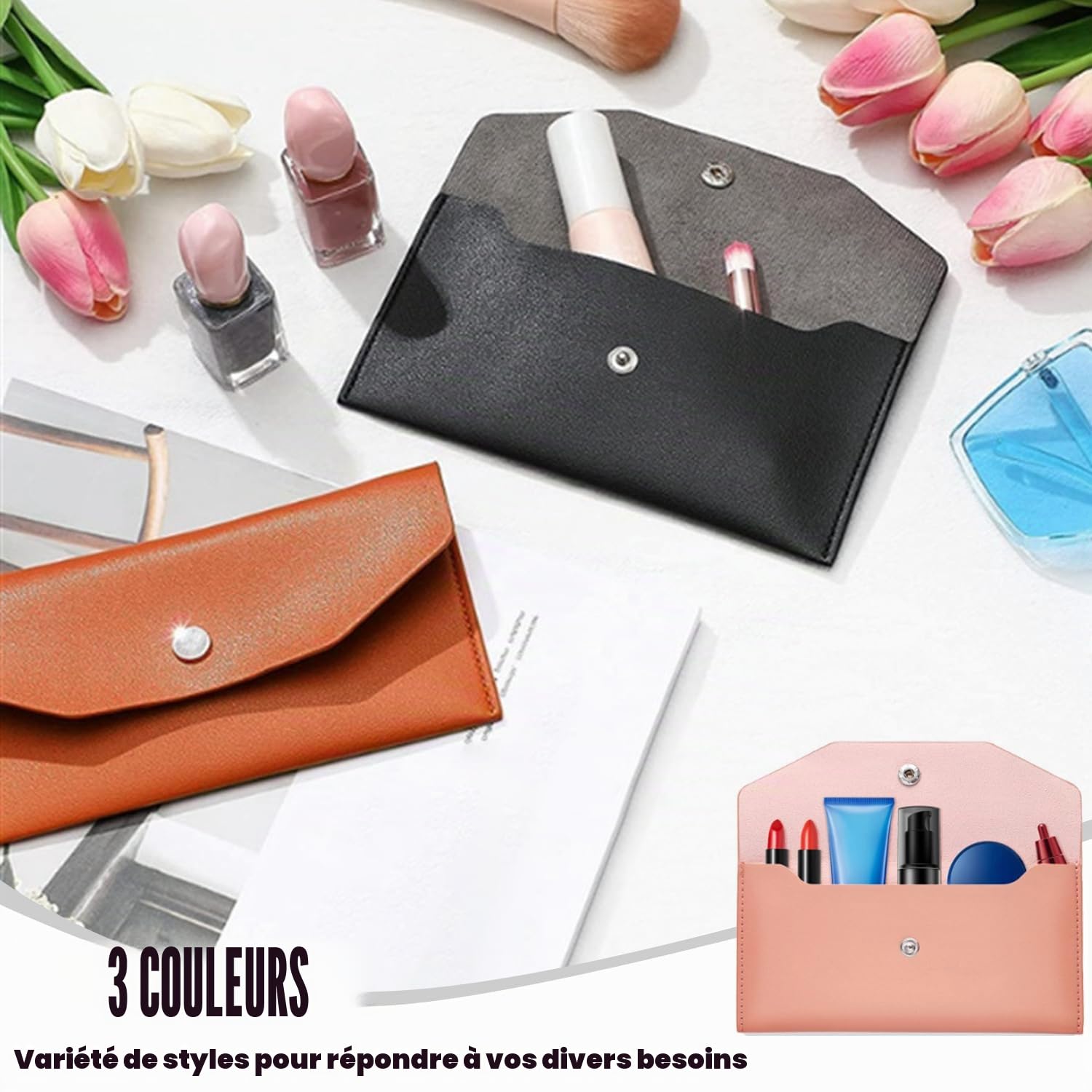 Portefeuille d'Enveloppe de Trésorerie Réutilisable en Cuir 20 x 10 cm Organisateur de Sac à Main (3 Couleurs)