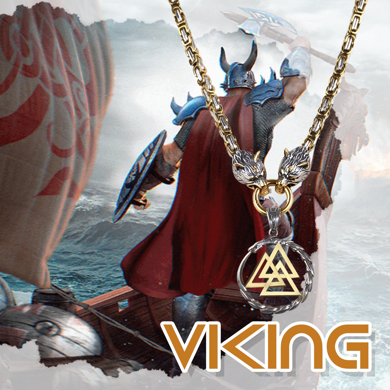 JewelryWe Wikinger Wolf Halskette Herren Wolfskopf Valknut Thors Hammer Anhänger mit Königskette Mjolnir Edelstahl Kette Nordische Mythologie Amulett Schmuck für Männer