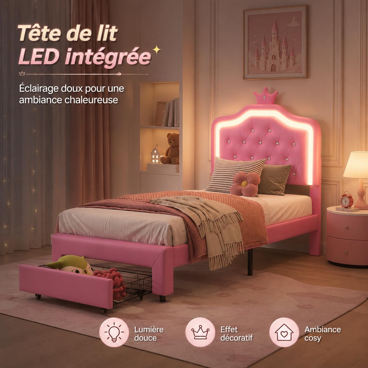 Cama para Niña 90x200 con LED RGB, Regulable en Altura, Cama Individual con contenedor, Cama Infantil, en Forma de Corona, Somier de Láminas de Madera, PU, Sin colchón (Rose-C, 90x200 cm)