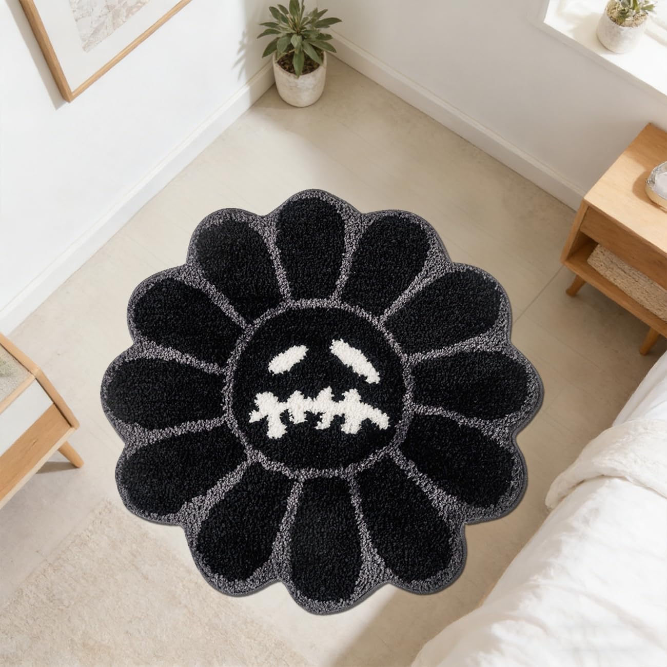 Trippy Flower Rug Cool Bathroom Rugs 3.3FT Gothic Black Bath Mat Tufted Extra Soft Water Absorbent Quick Dry Bathroom Mat Non Slip Halloween Skull Horror Decor Carpet (Black,3.3 x 3.3FT)