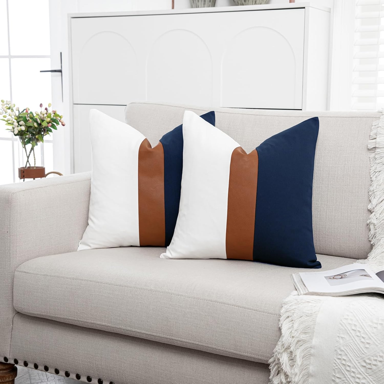 Pack of 2 Boho Decor Faux Leather and Cotton Patchwork Pillow Covers 24x24 Euro Pillow Shams Farmhouse Rustic Pillowcase for Couch Sofa Bedroom Living Room Modern Home Decor,Navy Blue