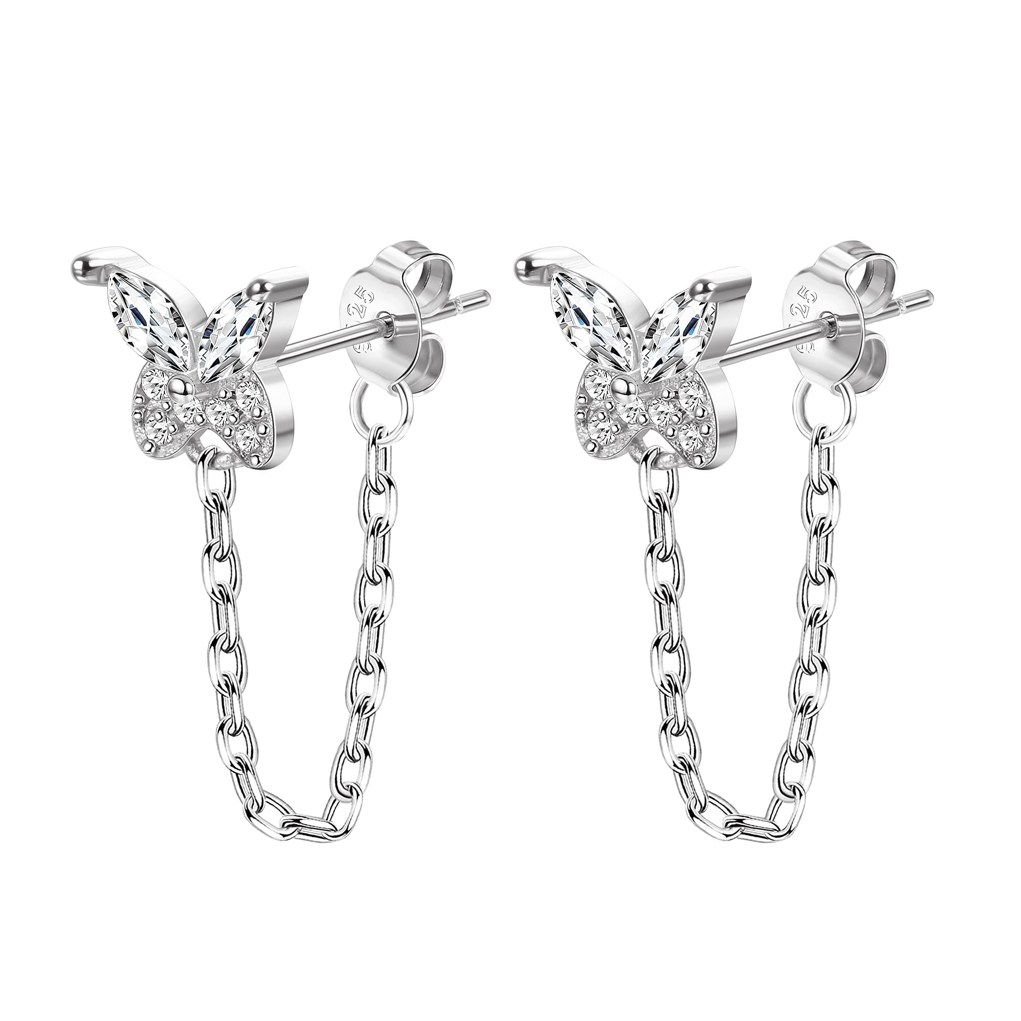 LOLIAS925 Plata Pendientes Mujer Botón Cadena Gate Barra La Mariposa Corazón Flor CZ Pendiente de Cadena de Rayos Pendientes Colgantes de Enhebrador para Mujer