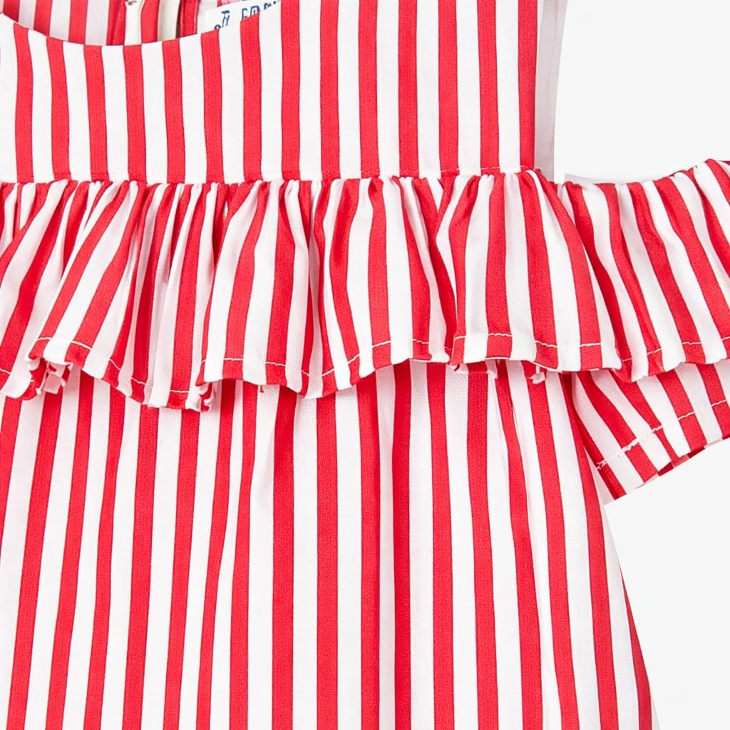 Generico Blusa para niña de rayas rojas y blancas de algodón, con volantes y hombros descubiertos, estilo informal de verano