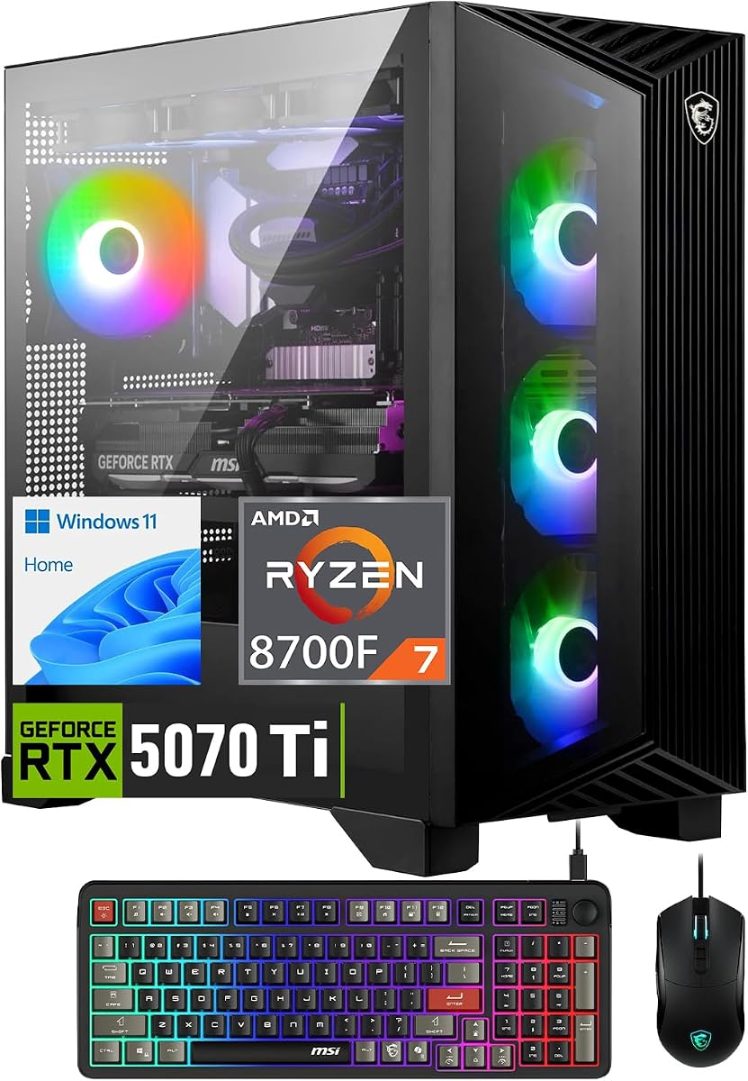 Aegis Z2 Gaming Desktop PC, AMD Ryzen 7 8700F, RTX 5070 Ti, 32GB + 2TB | Keyboard & Mouse, Support 3-Display 4K, HDMI, Type-C, RJ-45, Wi-Fi 7, Fan Air Cooling Windows 11 Home, Black