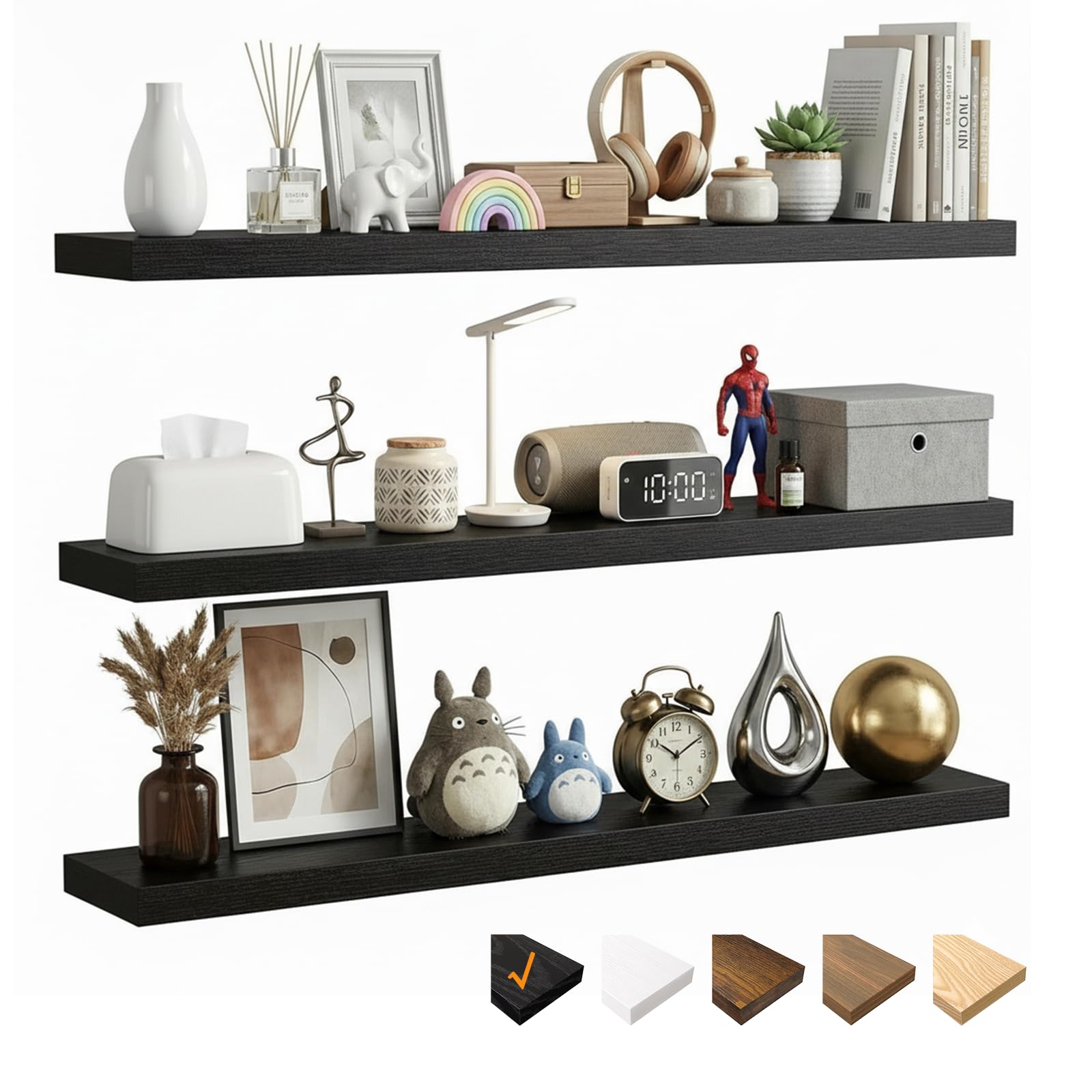 RICHER HOUSE 80cm Floating Shelves for wall, Black Wall Shelves with Invisible Brackets, Wooden Shelves MDF for Bathroom, Bedroom, Office, Living Room, Kitchen, Set of 3, 80 x 23.5 x 3.8 cm