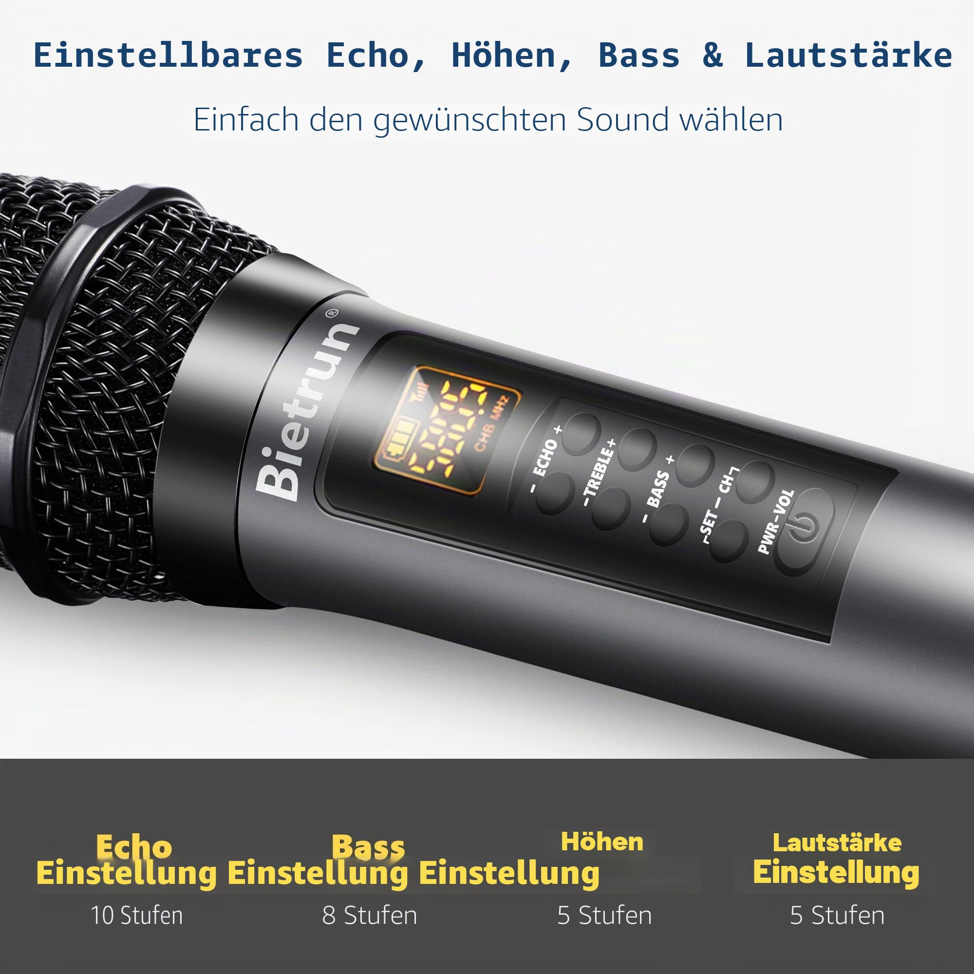 Bietrun Kabellose Mikrofone mit Echo, Höhen, Bass und Bluetooth, 49 m Reichweite, tragbares UHF-Handheld-Karaoke-Dynamic-Mikrofonsystem mit wiederaufladbarem Empfänger für Karaoke, Gesang, Verstärker