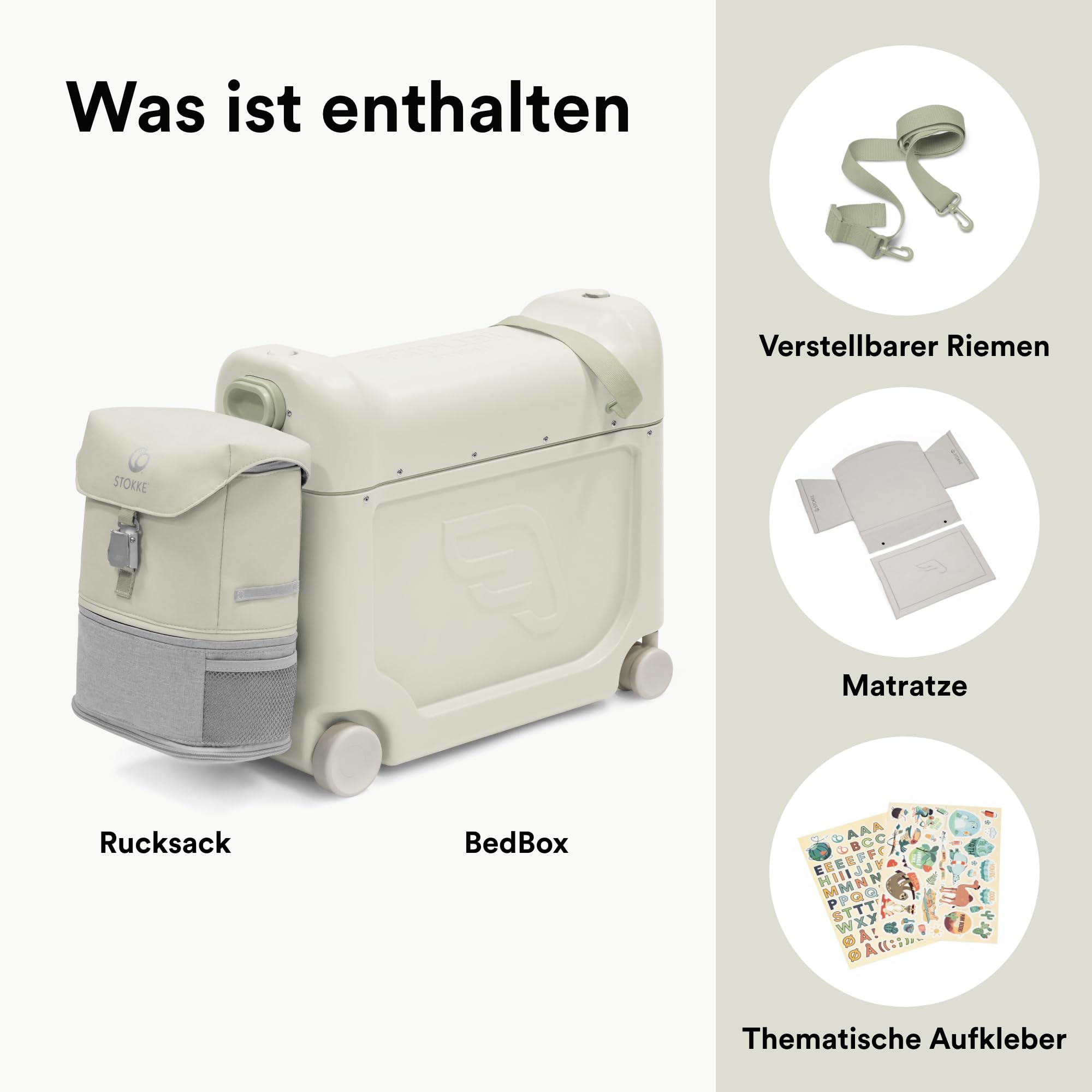 Stokke JetKids Travel Bundle, Sea Green - Enthält den BedBox Aufsitzkoffer & das Backpack - Ideal für Kinder von 2-7 Jahren (bis 35 kg)