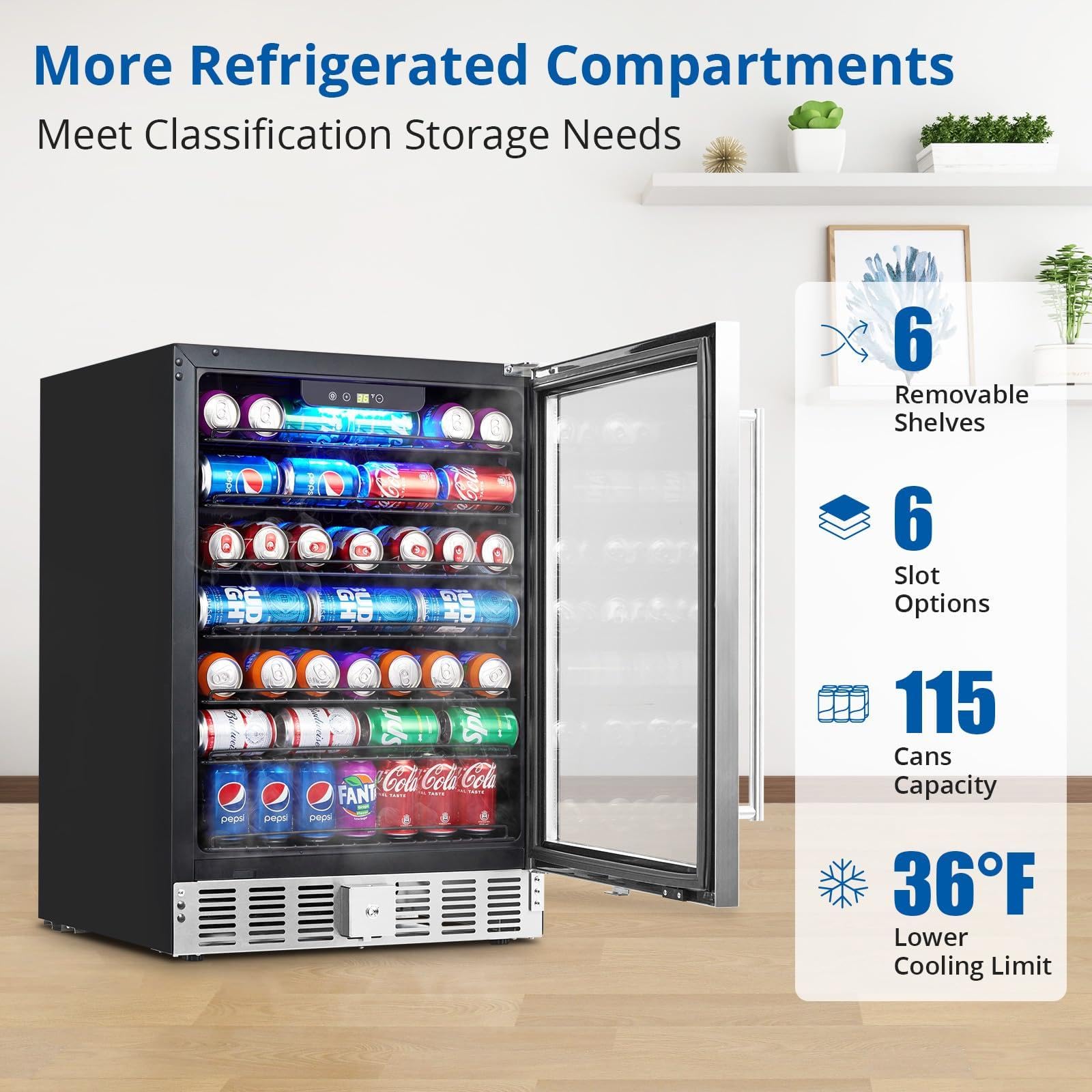 Tropow LED Lighting Adjustable Temperature Beverage Refrigerator, 166 Cans Capacity, Air-Cooled Constant Temperature, Safety Lock, Front Ventilation - 24 Inch Drink Fridge on Fridge.com - View 5