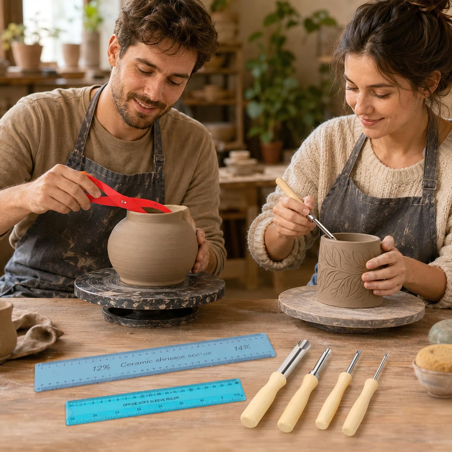 7Pcs Pottery Tools Set Includes Clay Sculpture Ceramic Shrinkage Scale Ruler, Standard Ruler, Bent-Leg Plastic Caliper, Stainless Steel Circular Clay Hole Cutters for Carving Shaping Modeling Drilling