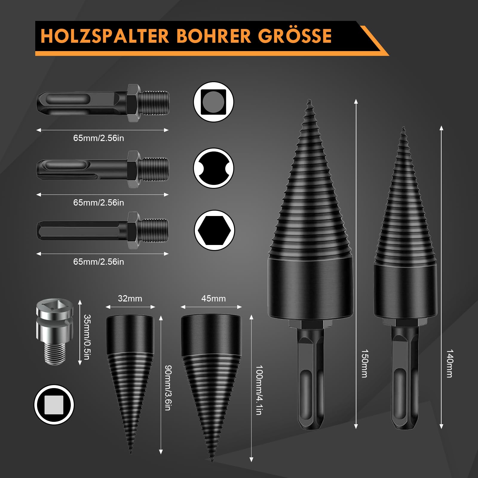 Holzspalter Bohrer 45mm + 32mm mit 4 Bohrgriffe（(1.15, Kilogramm)