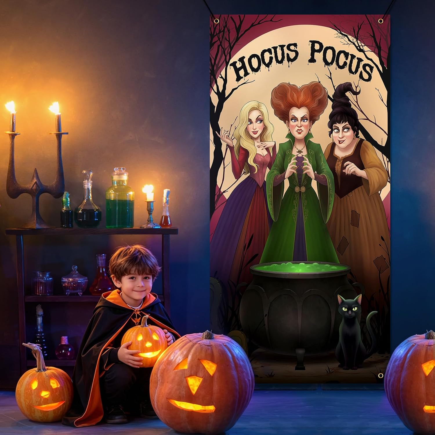Halloween Door Cover Hocus Pocus Decorations , Witch Sisters Black Cat Halloween Door Banner for Party Photo Background, Moon and Witch's Cauldron Decorations for Front Door, Indoor Wall, Window & Haunted House Porch Decor