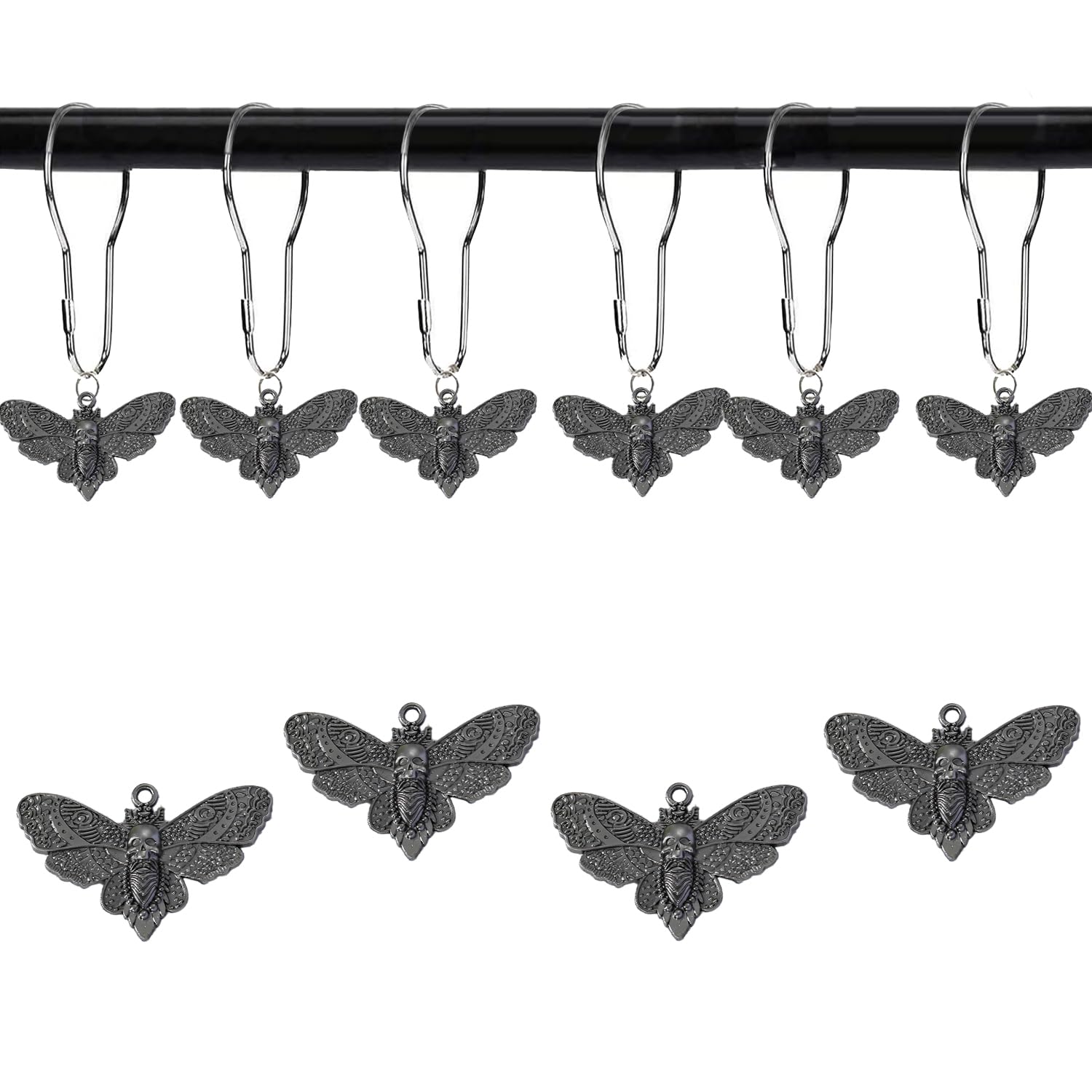 YRMLYMOP Gothic Shower Curtain,12 Pcs Skeleton Shower Curtain Moth Shower Curtain Hooks, Dead Moth with Skull Face Halloween Rustproof Metal Shower Rings,Party Supplies Haunted House Decoration