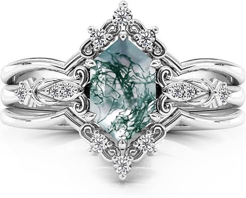Natural Moss Agate Sterling Silver Rings Set - Leaf Art Deco Hexagon/Pear Moss Agate Engagement Wedding Promise Rings Set - Vintage Unique Bridal Ring Set for Women