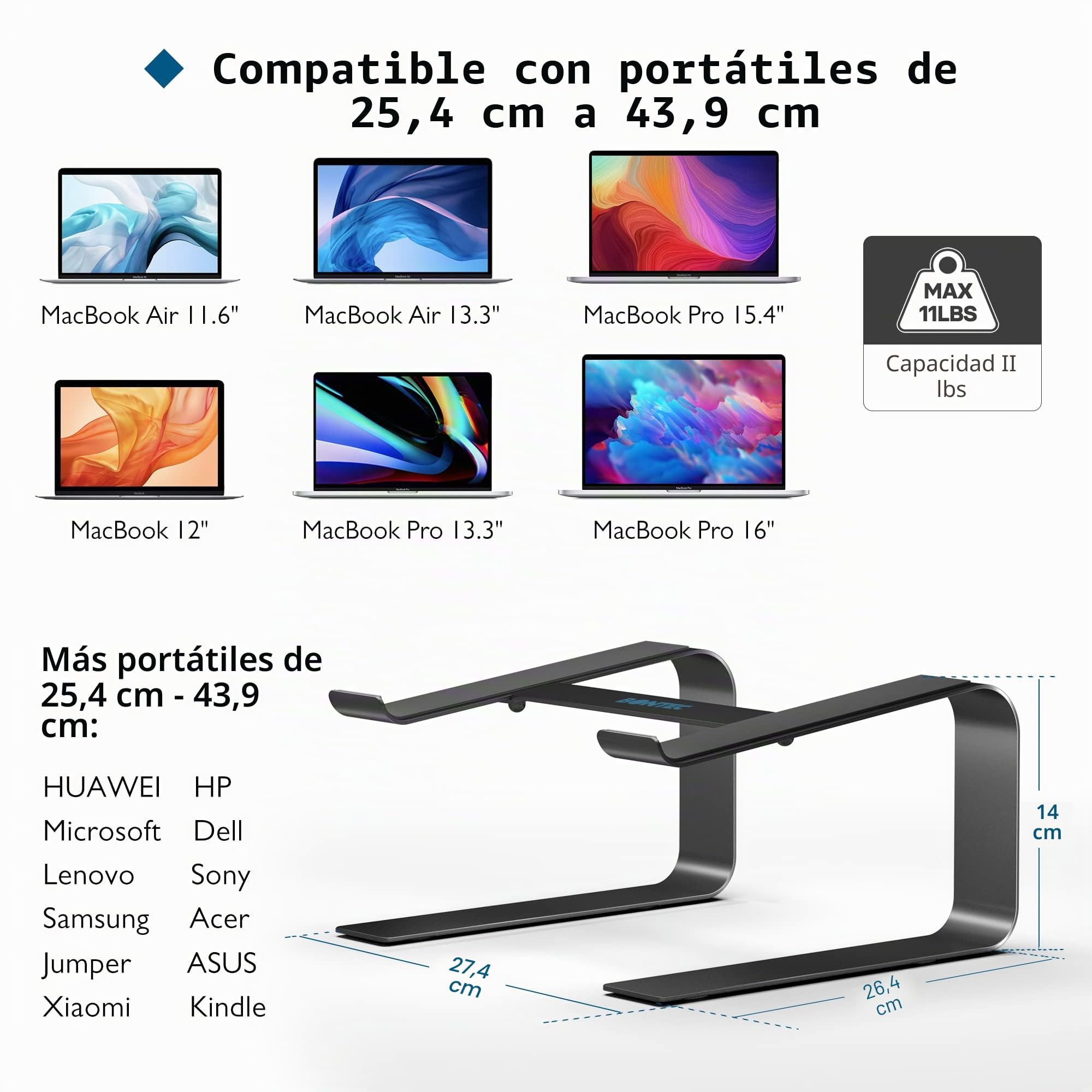 BONTEC Soporte Portátil para Portátil de 10-17 Pulgadas, Soporte de Ordenador Escritorio Ergonómico, Soportar hasta 5 kg, Negro