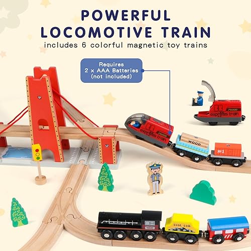 Miniatura 4 de Qilay Juego de tren de madera de 121 piezas con bolsa de almacenamiento, juego de pista de tren de madera Busy Port City para niños a partir de 3