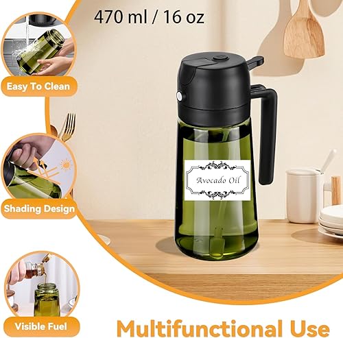 Miniatura 5 de Pulverizador de aceite para cocinar, dispensador de aceite de oliva 2 en 1, botella verde de bloqueo de luz de 16 oz15.9 fl oz para freidora de
