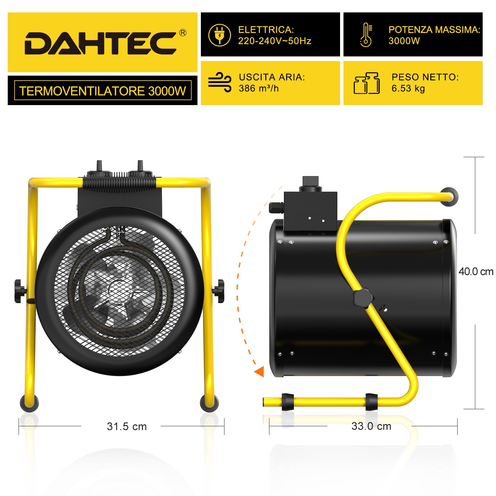 Stufetta Elettrica Industriale 3000 W Termoventilatore, Nero | Riscaldatore Elettrico Portatile, Termostato & Ventilazione, Protezione da Surriscaldamento per Officina, Garage e Cantiere