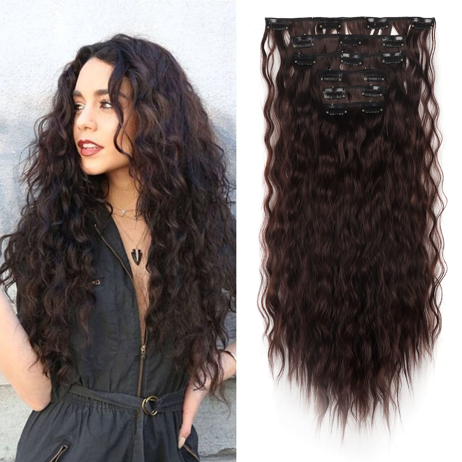 Hair Extensions Clip in Long Curly Brown Clip in Hair Extension Wavy 6PCS 20" Full Head Hairpieces Synthetic Fibre for Women, Medium Brown
