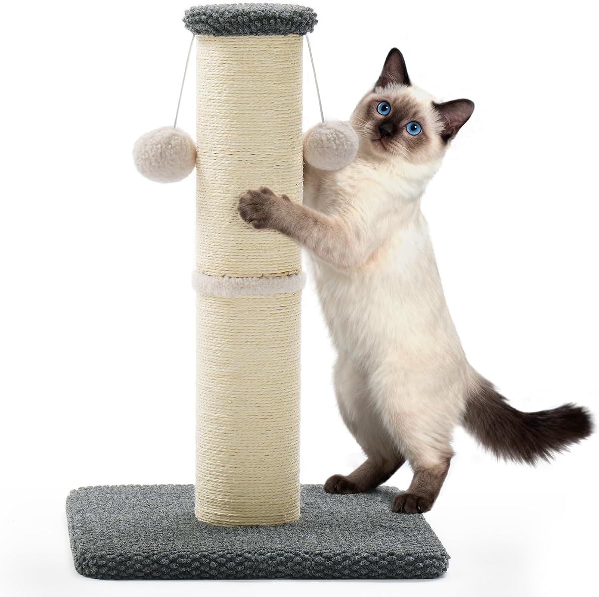 Made4Pets Cat Scratching Post for Indoor Cats, Natural Sisal Rope, 23.6" | Sturdy Base with a Thick Scratching Column, Cat Scratcher for Kittens and Adult Cats, Interactive Hanging Toys, Dark Grey