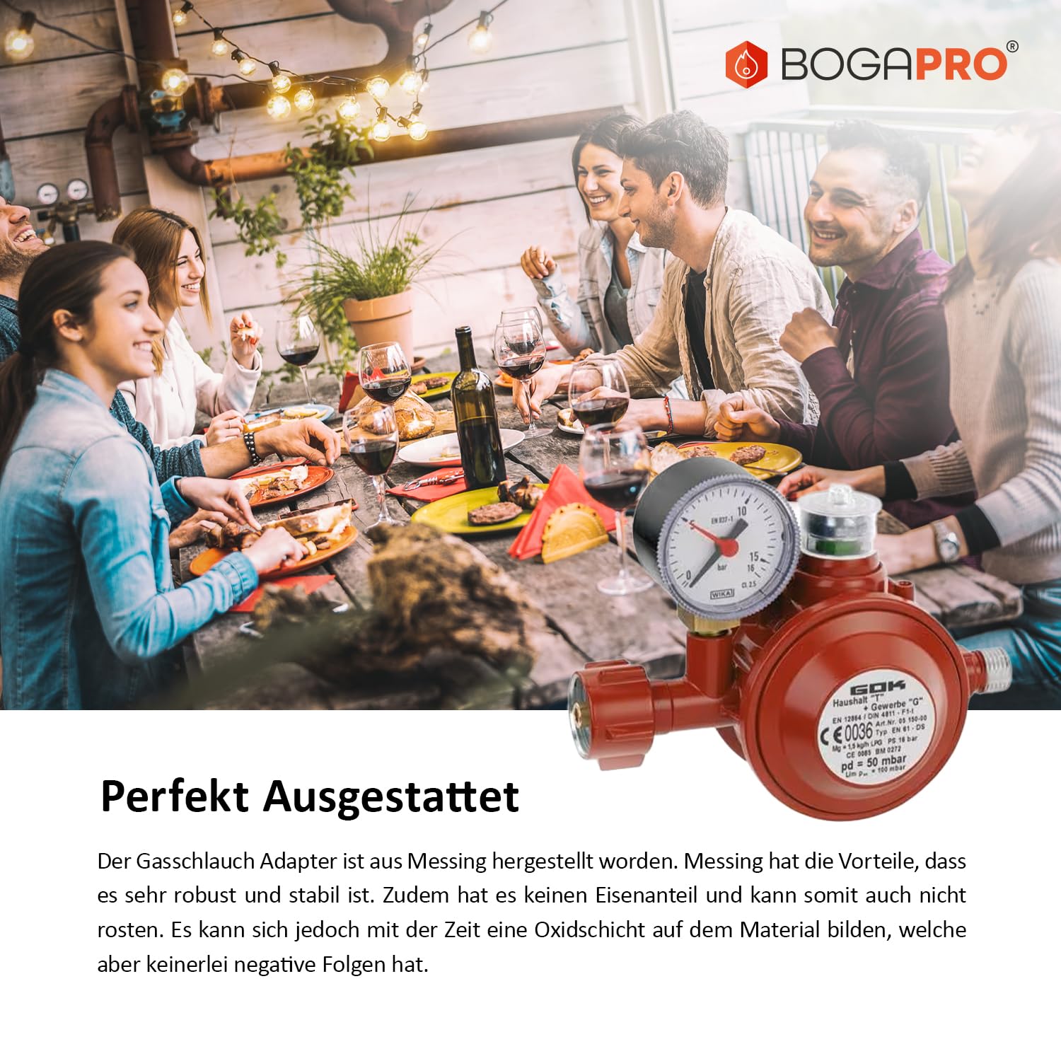Gasdruckregler 50 mbar Set für Herd oder Ofen mit Niederdruckschlauch 40 cm lang, Stahlrohr 40 cm lang, 90° Winkel. inkl. Polybeutel und Lecksuchspray