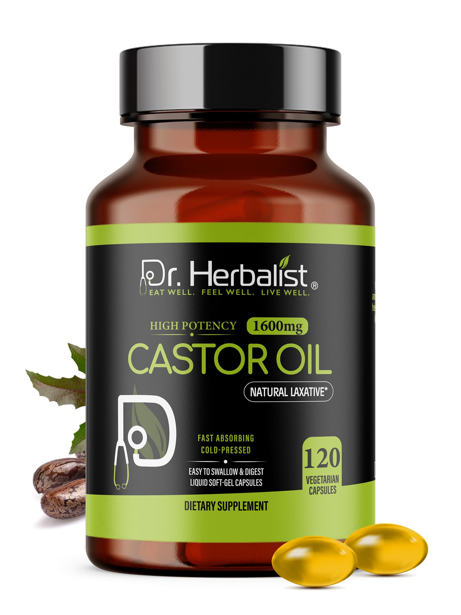 Dr. HERBALIST Castor Oil Capsules 1600mg, Cold Pressed Pills, Halal 120ct