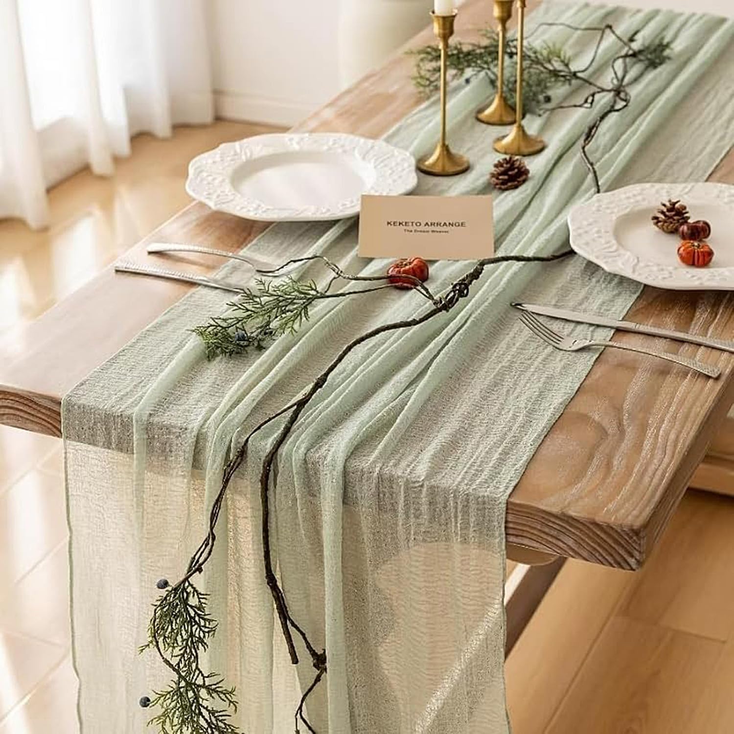 Haquno 4PCS Bohemian Cotton Table Runner Tablecloth - Rustic Wedding Table Decoration for Bridal Showers, Birthdays and Celebrations (90x300cm) - Eco-Friendly Cotton, Reusable (Light green)