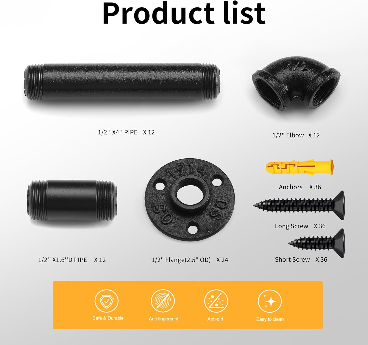 1/2" Pipe Shelf Bracket，12 Pack Wall Mounted Floating Shelf Bracket, Steam Punk Decor Hanging Wall Metal Bracket, Heavy Duty Decorative Rustic Shelving Bracket (12, 3.5*6")