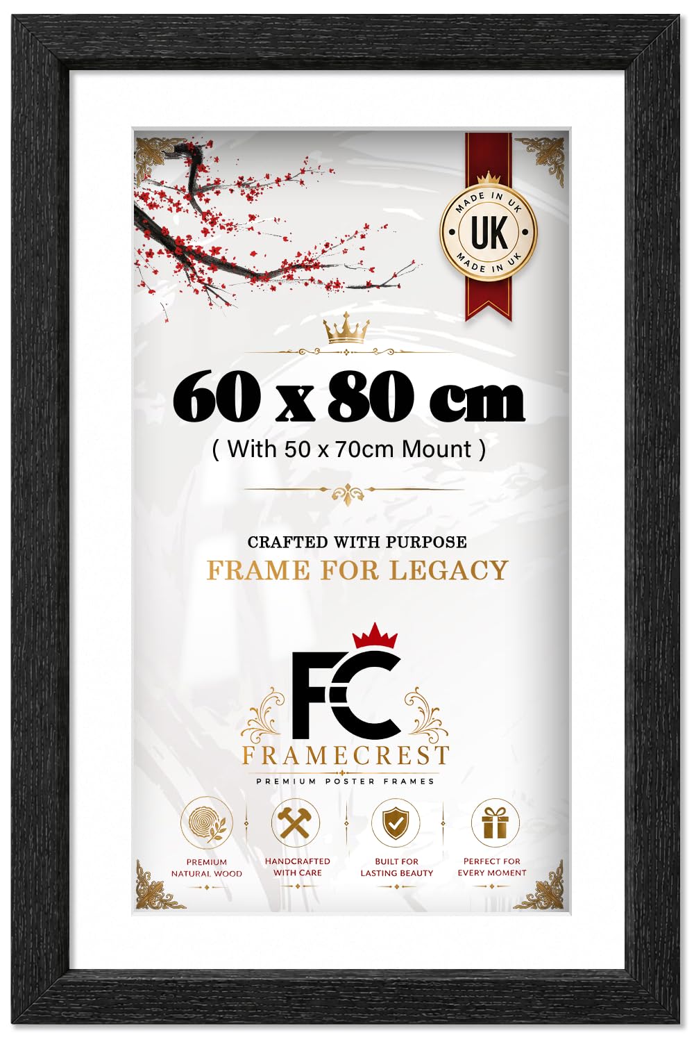 FRAMECREST LTD — Engineered Wood Finish 60 x 80 cm Picture Frame With 70 x 50 cm White Mount, Large Wall Photo Display, Matted 60 x 80 For Living Room Or Office For Artwork And Prints - [Black] — image 1