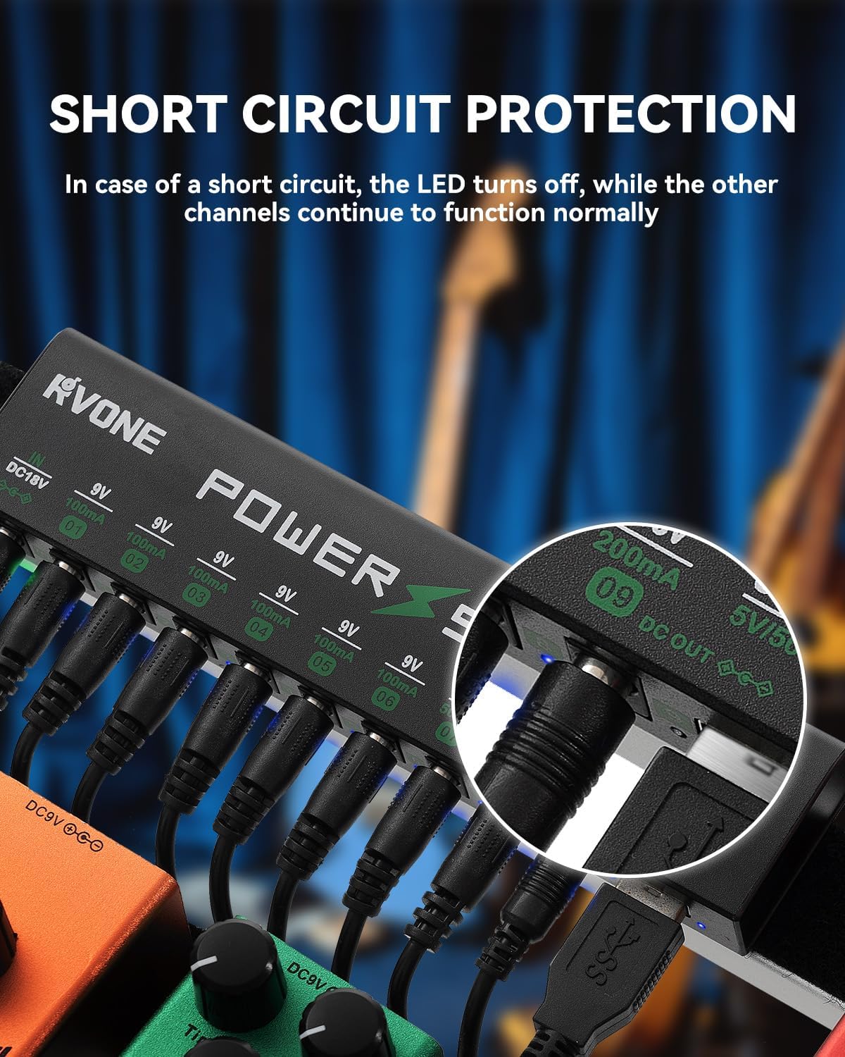 RVONE Guitar Pedal Power Supply, 10 Isolated DC Output for 9V/12V/18V Effect Pedal, Circuit Protection, Noise Reduction, 100mA 500mA USB Pedalboard Power Supply