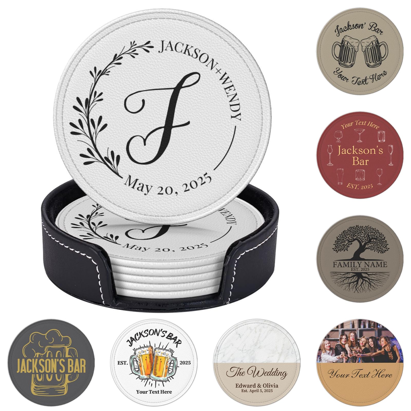 Personalised Coasters Set of 6 Personalized PU Leather Coasters for Drinks Add Your Own Text Logo Custom Non-Slip Drink Mat Cup Holder for Wedding Housewarmings Birthday Anniversary