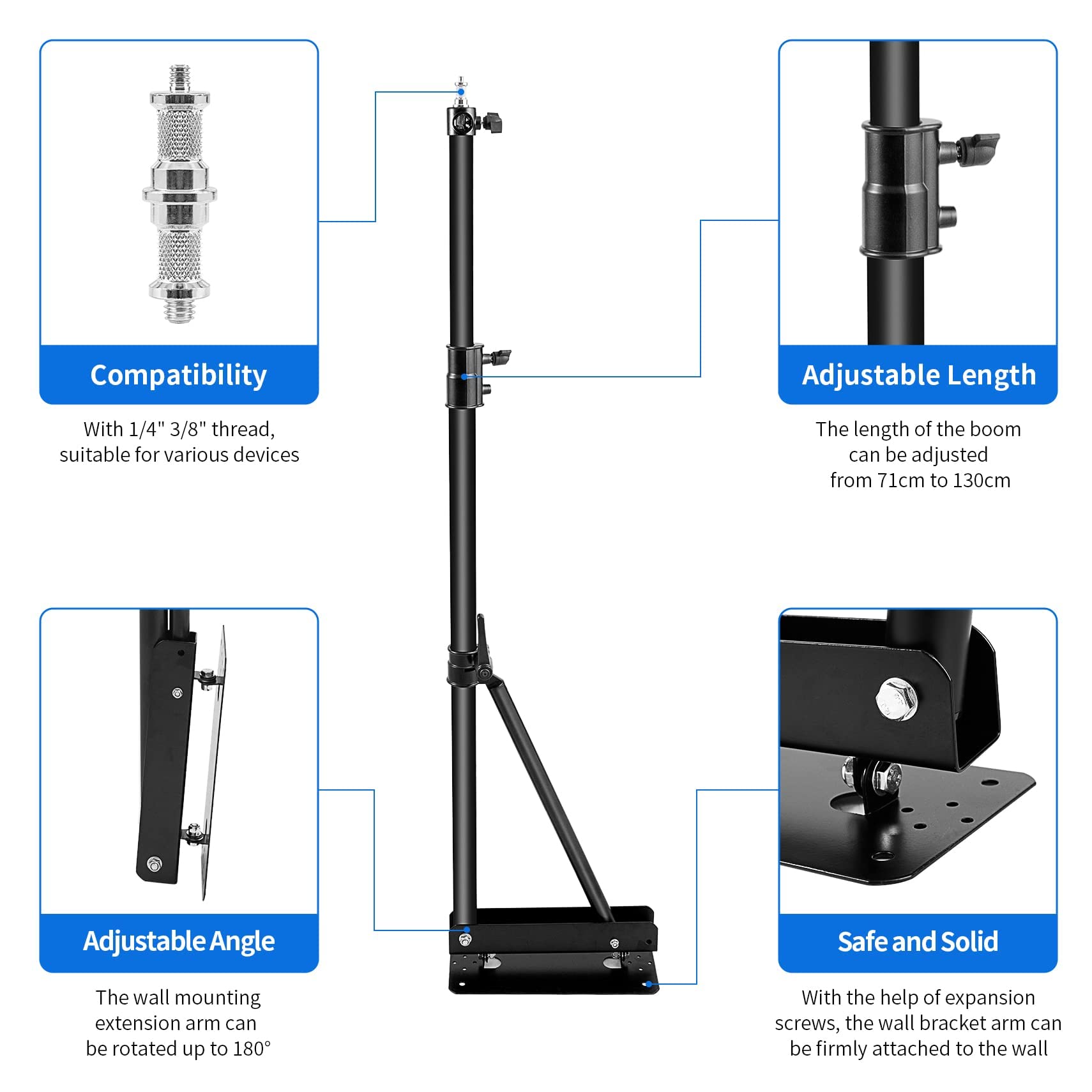 Selens Brazo triangular de 180 cm, rotación flexible de 180°, cámara de montaje en pared, para fotografía y estudio fotográfico, anillo de luz, caja