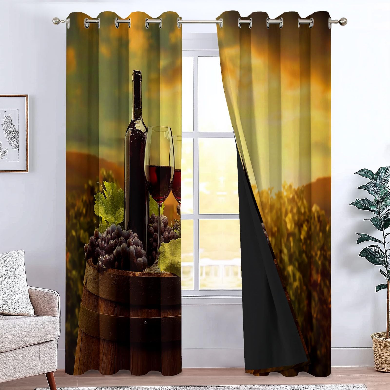 Pomarańczowa zasłona termiczna do wnętrz, miękka zasłona poliestrowa, 140 L x 245 H cm, zestaw 2 zasłon wewnętrznych krycie przelotki, surrealizm wino zachód słońca