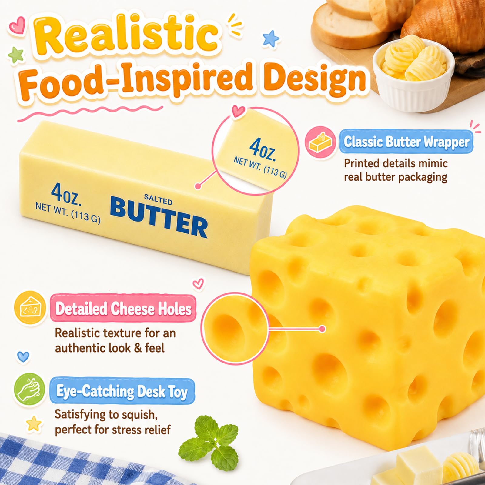 Cheese Butter Squishy Antistress 2 Pezzi, Squishy Formaggio e Burro, Squeeze Toy Giocattoli, Sensoriali Fidget Toy per Bambini e Adulti, Palla Antistress Regalo Divertente (A)