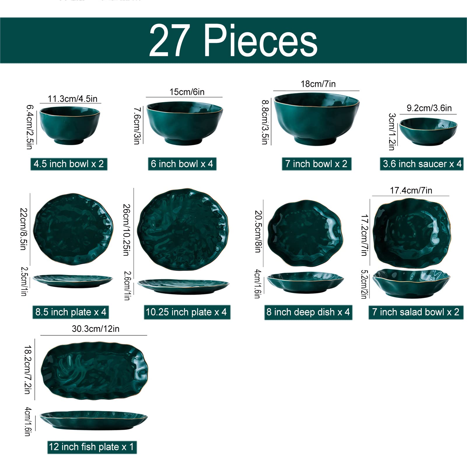 27-częściowy komplet zastawy stołowej z porcelany, zastawa stołowa dla 4 osób, zestaw naczyń z talerzami i miskami, nadaje się do kuchenki mikrofalowej i mycia w zmywarce
