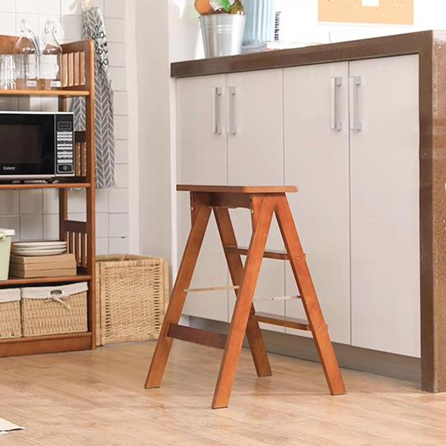 Scaletta in Legno massello 3 gradini Multifunzione 3 in 1 Sgabello da Bar Salire Gradino espositore Supporto per Fiori con Piattaforma allargata
